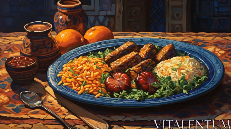 Blue Plate with Skewered Meat and Rice AI Image
