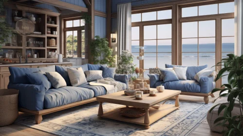 Coastal-Themed Modern Living Room with Ocean View