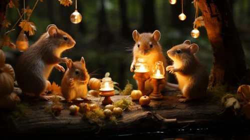 Enchanting Forest Scene with Cute Mice Party