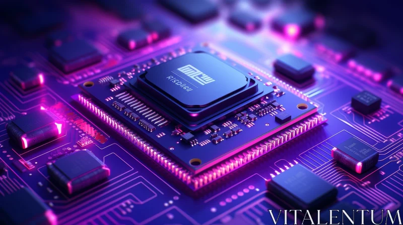 Futuristic Computer Chip on Purple Circuit Board AI Image