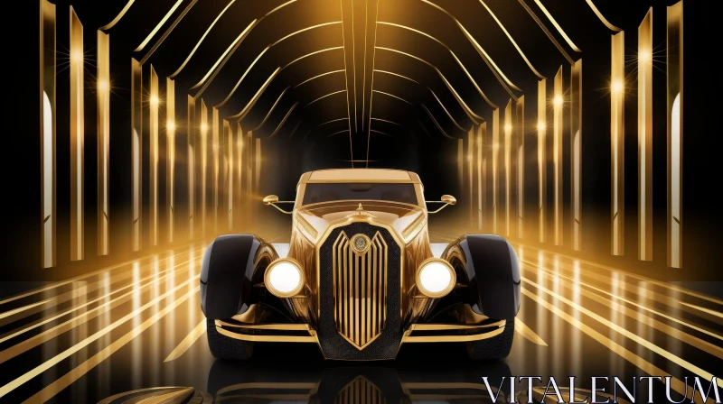 AI ART Golden Vintage Car in Glowing Tunnel