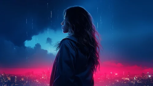 Lonely Woman in Rainy City - Digital Art