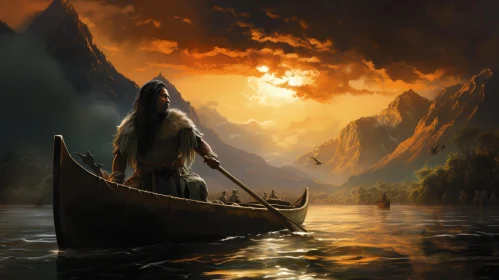Native American Man Canoeing in River at Sunset