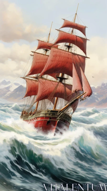 AI ART Red Ship in Rough Sea Painting