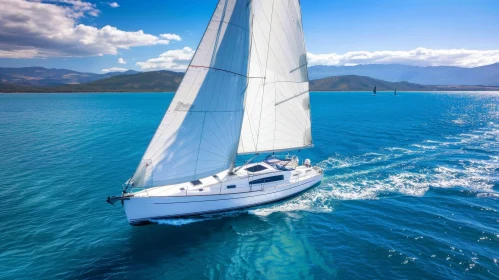 Sailboat Sailing on Blue Sea with Mountains - Serene Scene