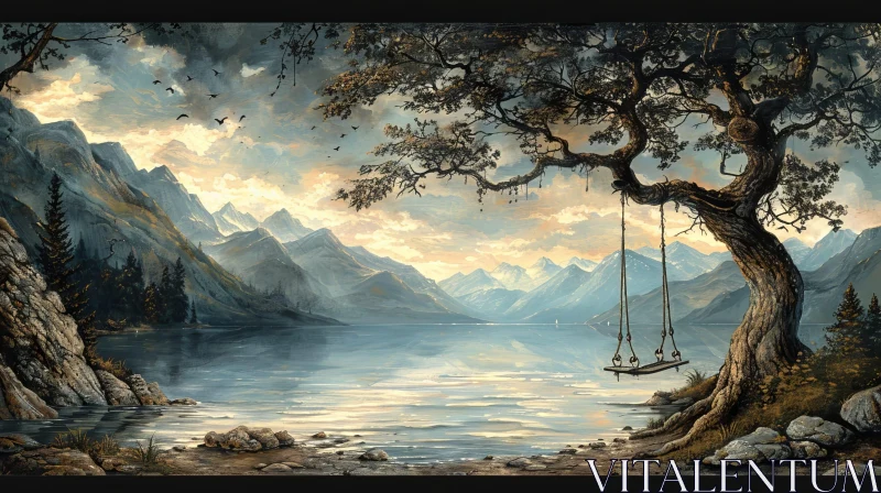 Serene Landscape Painting with Snow-Capped Mountains and Lake AI Image