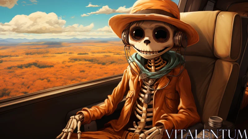 Skeleton in Airplane with Desert Landscape View AI Image