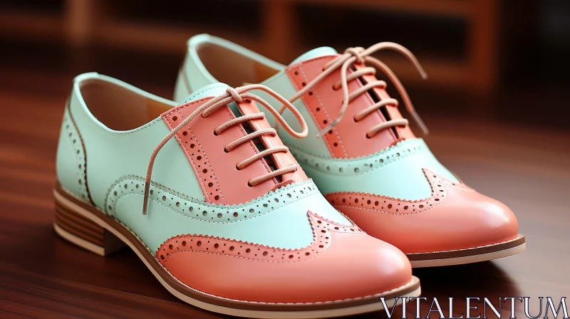 Stylish Mint Green and Coral Pink Leather Shoes on Wooden Surface AI Image