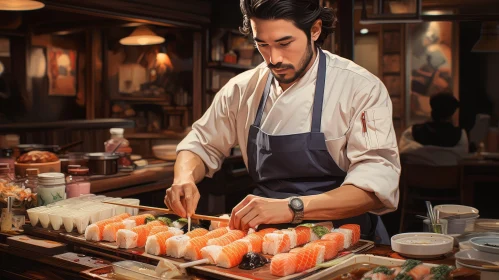 Sushi Chef Crafting Rolls in Japanese Restaurant