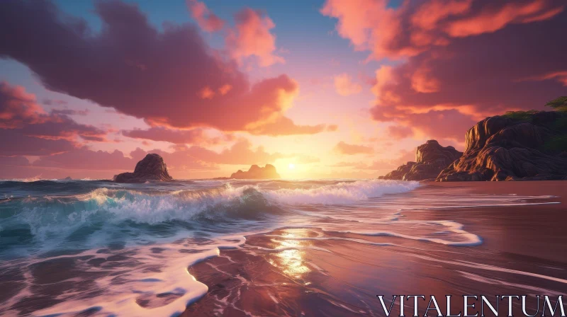 Tranquil Sunset Beach Scene AI Image