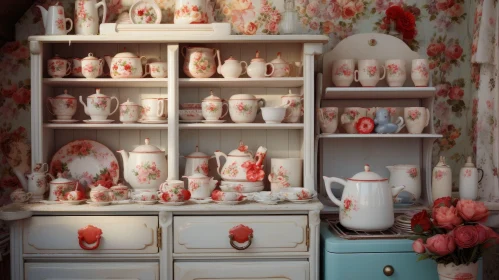 Vintage China Cabinet with Teapots and Floral Design