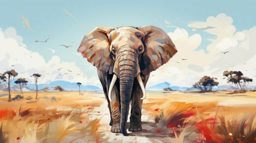 Elephant Walking in African Savanna - Wildlife Digital Painting