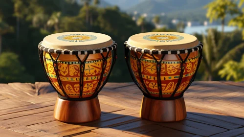 Intricate African Drums on Wooden Surface