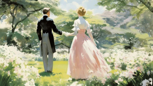 Man and Woman Walking in a Beautiful Garden Painting