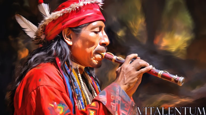 AI ART Native American Man Playing Flute - Cultural Portrait