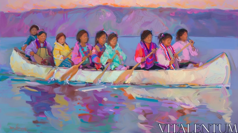 AI ART Serene Lake Scene with Young Girls in Canoe
