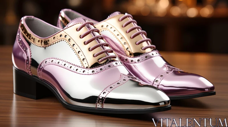 AI ART Stylish Pink and Silver Dress Shoes on Wooden Surface
