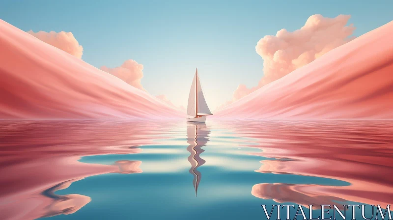 Tranquil Pink Seascape with White Sailboat AI Image