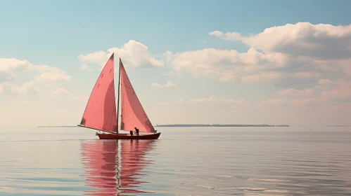 Tranquil Red-Sailed Boat on Calm Sea