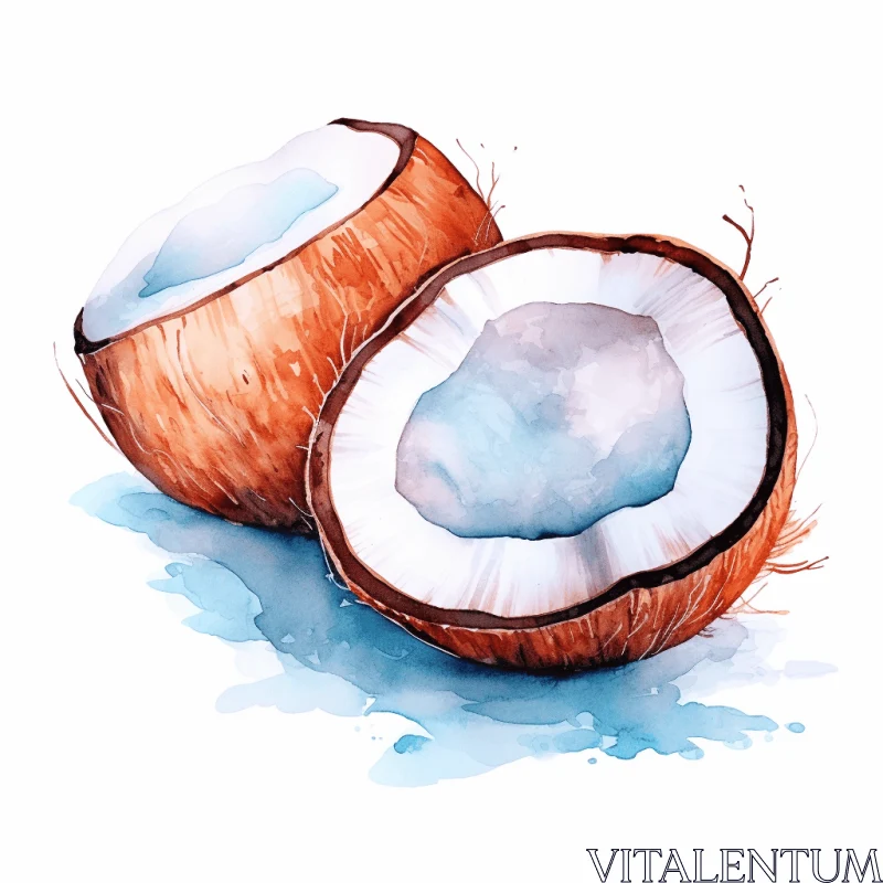 Watercolor Illustration of Coconut Halves - Bold Colors and Clean Inking AI Image