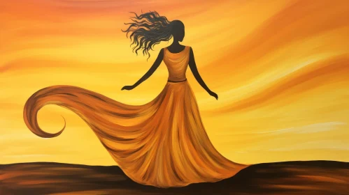 Woman in Yellow Dress at Sunset - Abstract Nature Painting