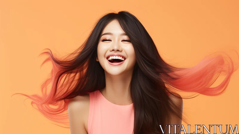 Asian Woman in Pink Dress Smiling on Orange Background AI Image