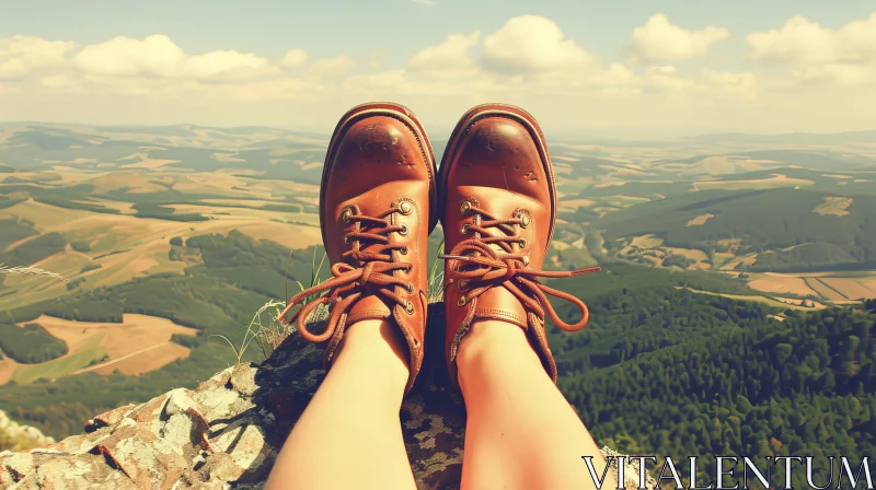 Brown Leather Hiking Boots on Rocky Cliff - Nature Adventure Scene AI Image