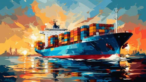 Container Ship at Sea Painting - Realistic Sunset Artwork