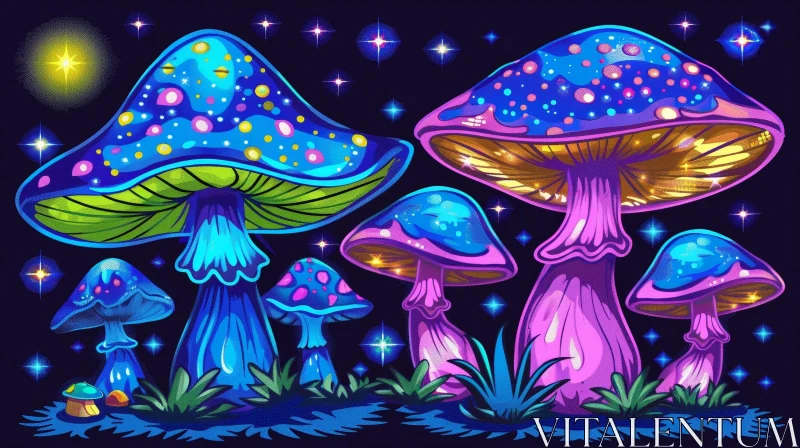 Enchanting Mushroom Forest Night Digital Painting AI Image