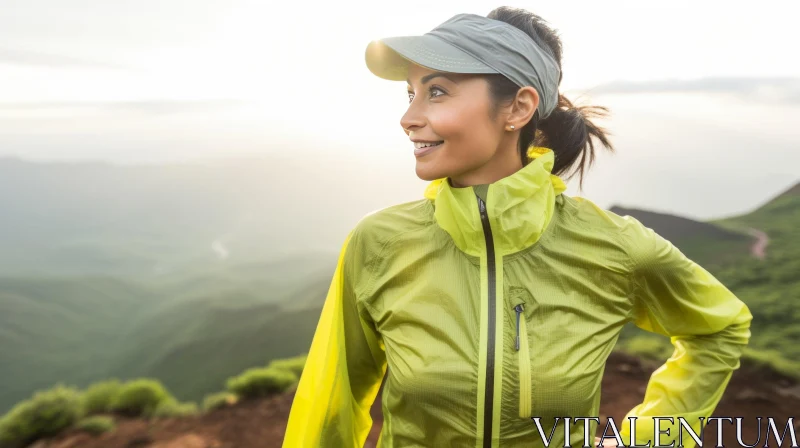 Happy Woman Runner on Mountain Top AI Image