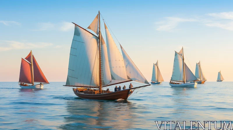 Old Wooden Sailing Ships Regatta at Sunset AI Image