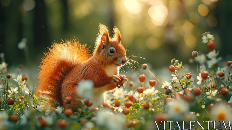 Red Squirrel Portrait in Flower Field AI Image