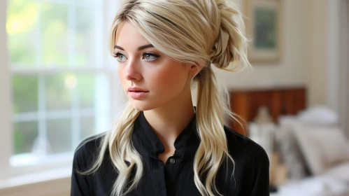 Thoughtful Young Woman Portrait in Black Blouse