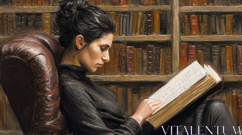 Young Woman Reading a Book in a Library - Painting Artwork AI Image