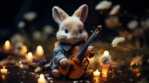 Enchanting Rabbit Playing Violin with Candles and Flowers
