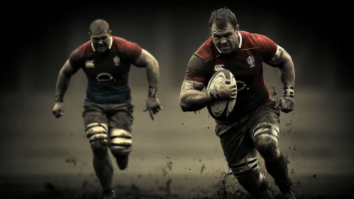 Intense Rugby Match Action - Players in Red and Blue
