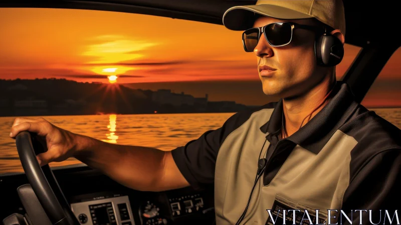 Man Driving Boat at Sunset AI Image