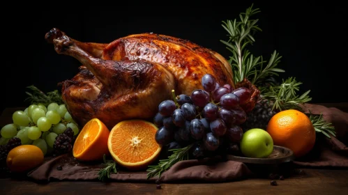 Roasted Turkey Still Life with Fruit Composition