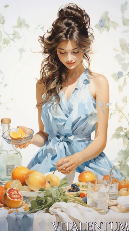 Serene Woman with Fruits and Wine at Table AI Image