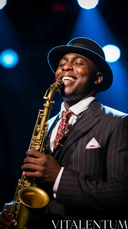 Smiling Jazz Musician Playing Saxophone in Black Suit AI Image