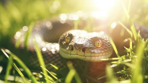 Sunlit Snake Close-Up in Green Grass