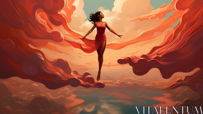 Floating Woman in Red Dress Painting AI Image