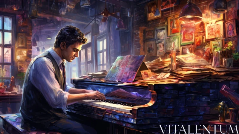 Man Playing Grand Piano in Warmly Lit Room AI Image
