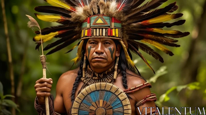 Native American Man in Traditional Headdress and Face Paint AI Image