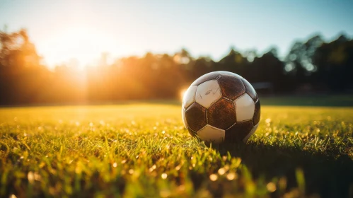 Soccer Ball on Grass Field at Sunrise