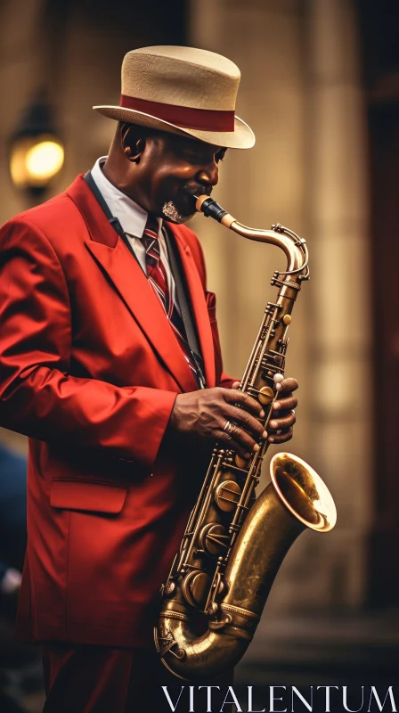 Soulful Jazz Saxophonist in Red Suit and Straw Hat AI Image