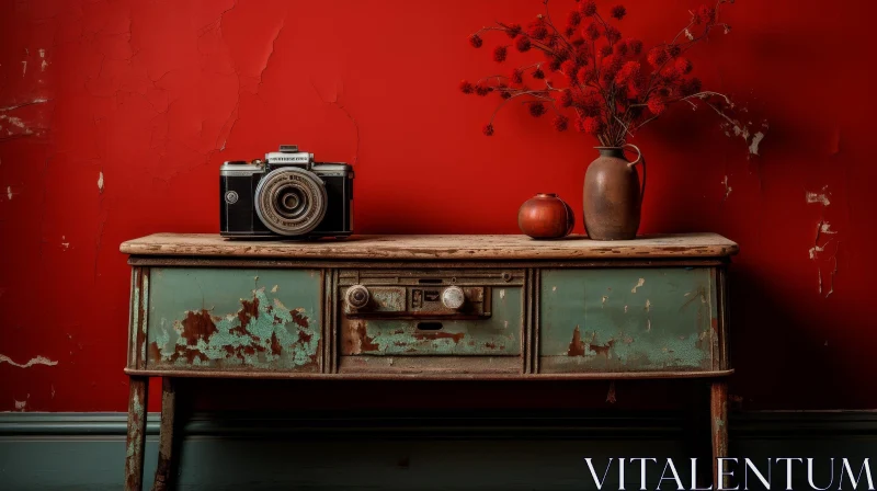 AI ART Vintage Camera and Red Flowers Still Life