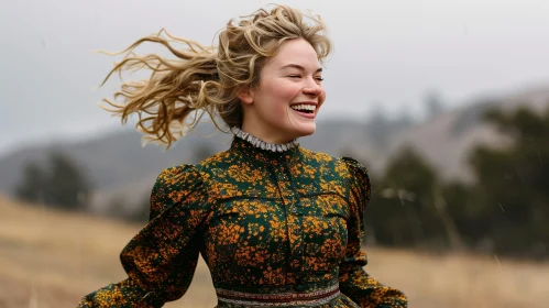 Blond Woman in Green Floral Dress Smiling in Nature