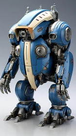 Blue and White Robot 3D Rendering in Fighting Stance