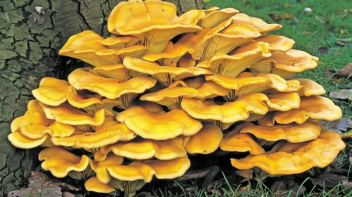 Bright Yellow Oyster Mushrooms Cluster on Tree Trunk
